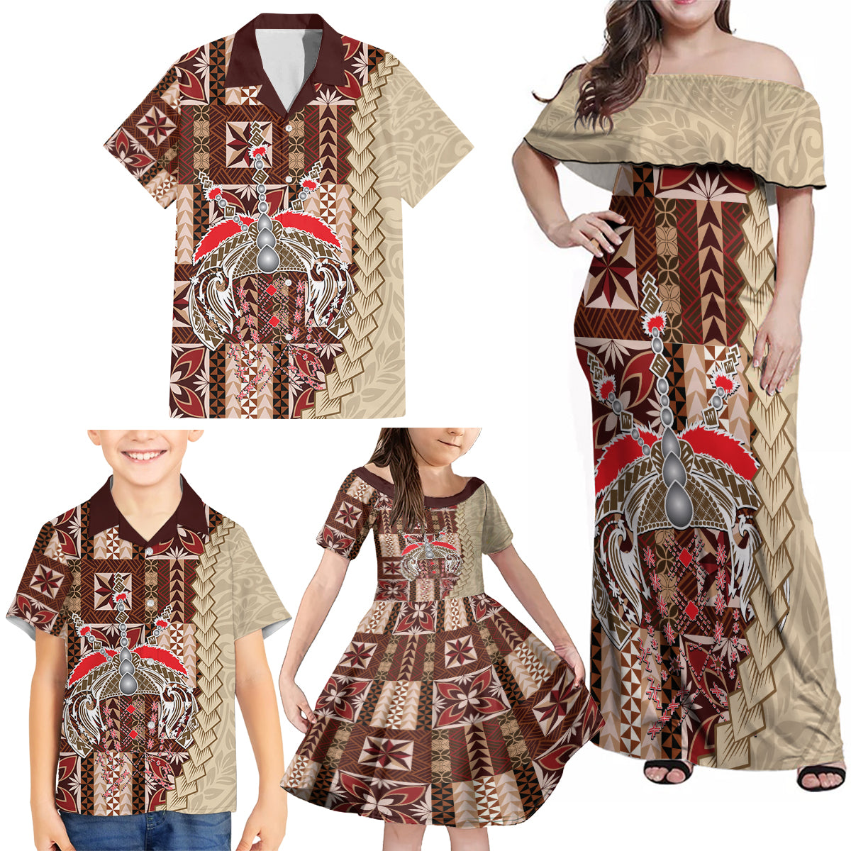 Samoa Tapau Family Matching Off Shoulder Maxi Dress and Hawaiian Shirt Samoan Siapo Pattern - Wonder Print Shop
