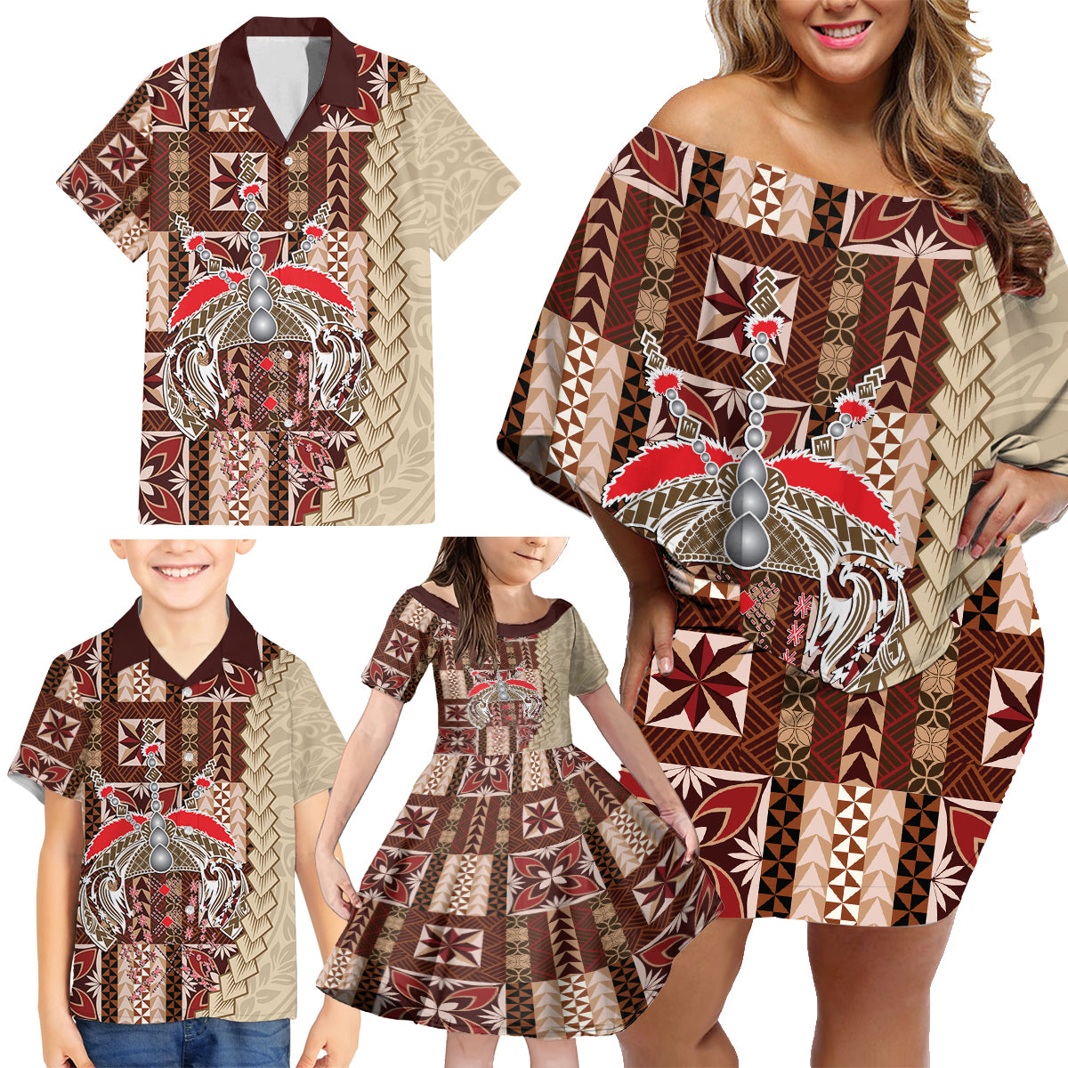 Samoa Tapau Family Matching Off Shoulder Short Dress and Hawaiian Shirt Samoan Siapo Pattern - Wonder Print Shop