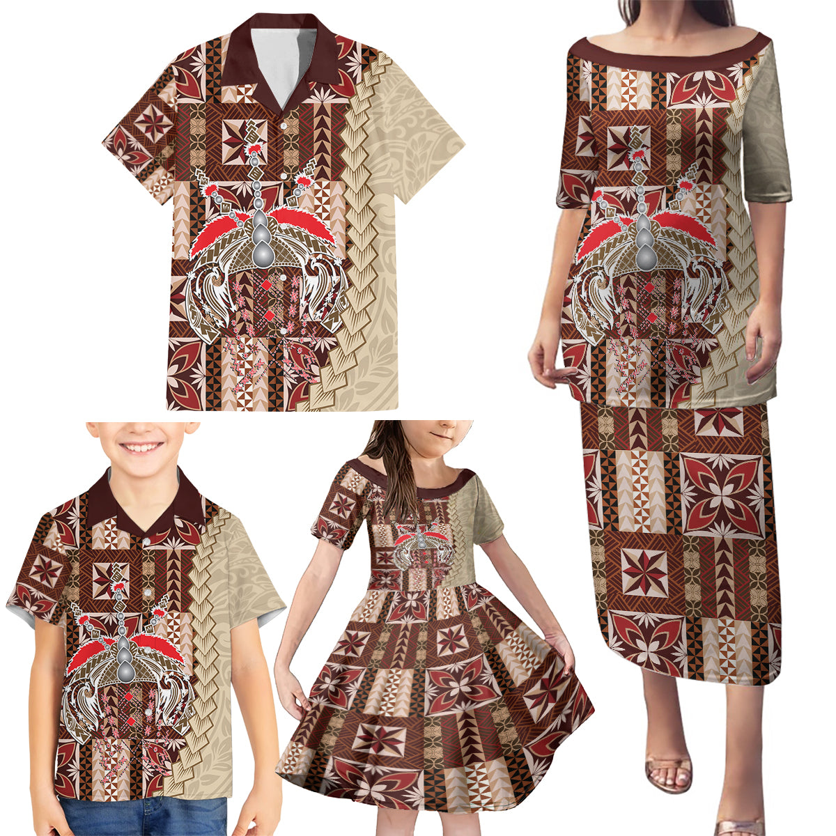 Samoa Tapau Family Matching Puletasi Dress and Hawaiian Shirt Samoan Siapo Pattern - Wonder Print Shop