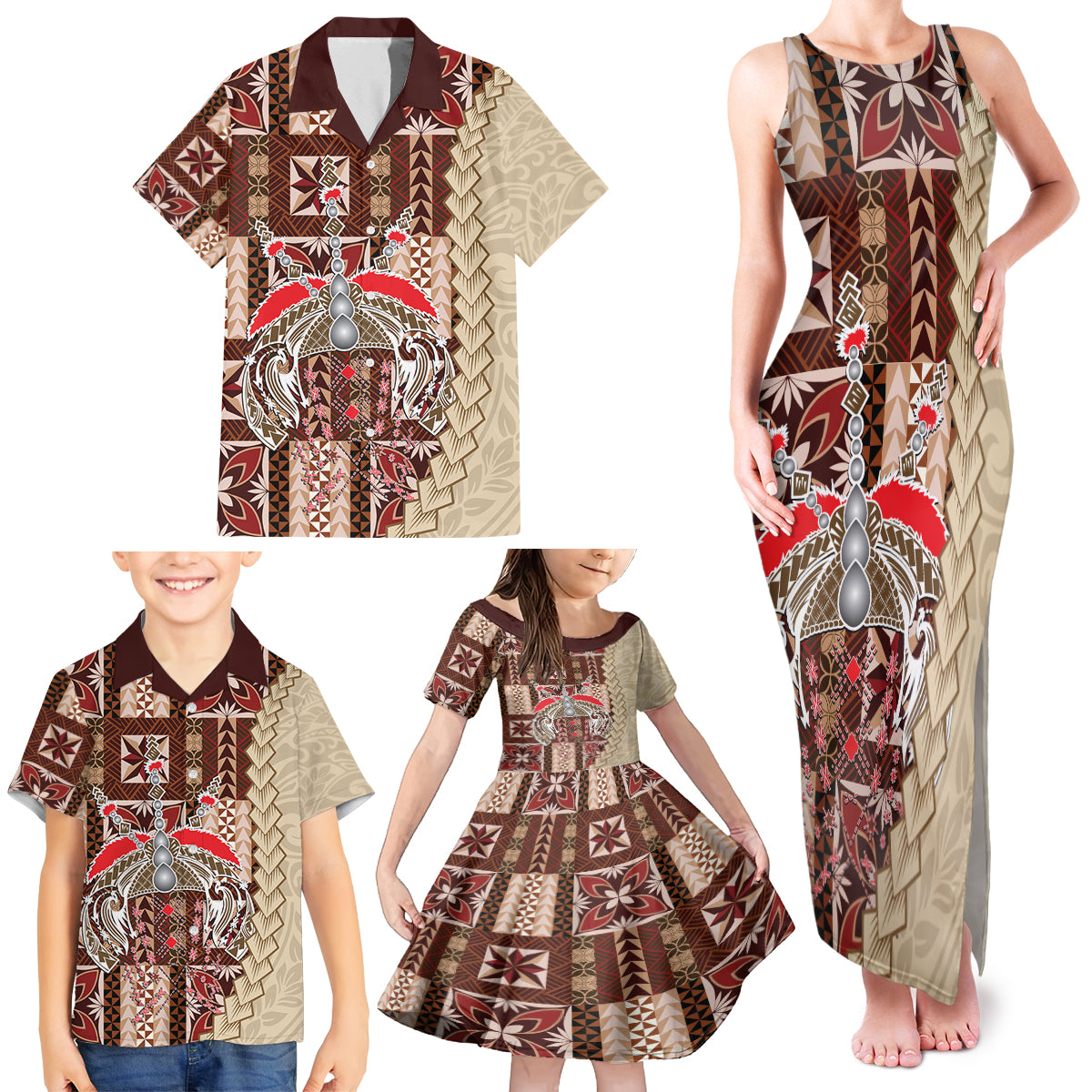Samoa Tapau Family Matching Tank Maxi Dress and Hawaiian Shirt Samoan Siapo Pattern - Wonder Print Shop