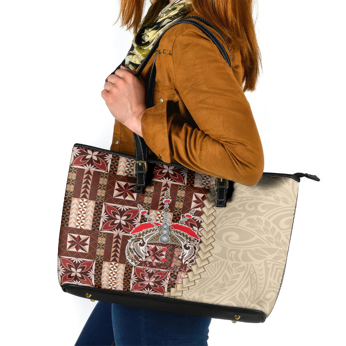 Samoa Tapau Leather Tote Bag Samoan Siapo Pattern - Wonder Print Shop