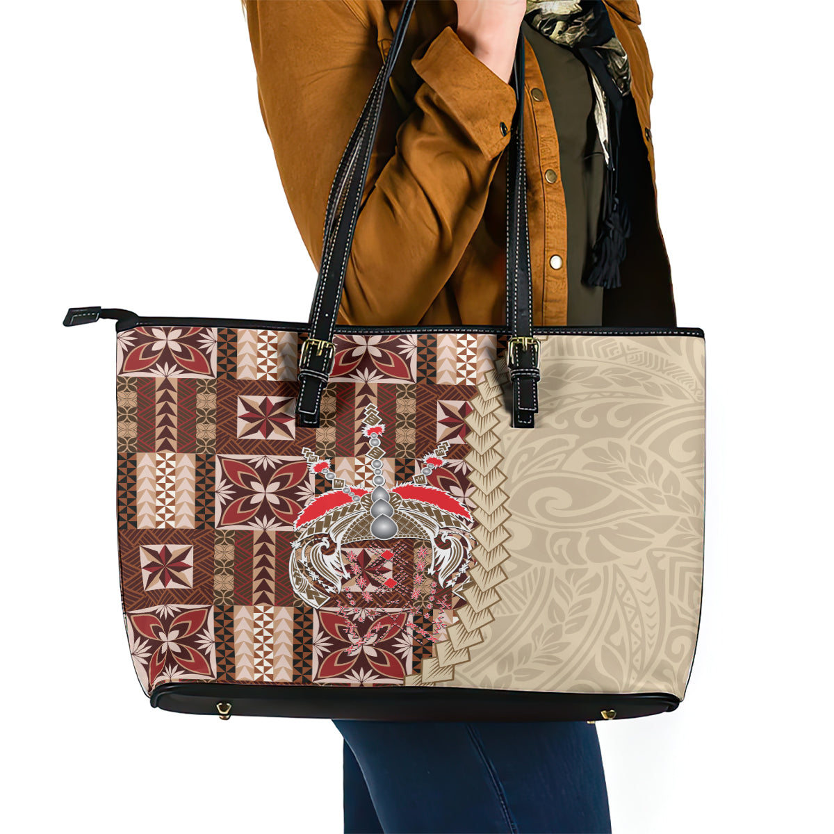 Samoa Tapau Leather Tote Bag Samoan Siapo Pattern - Wonder Print Shop