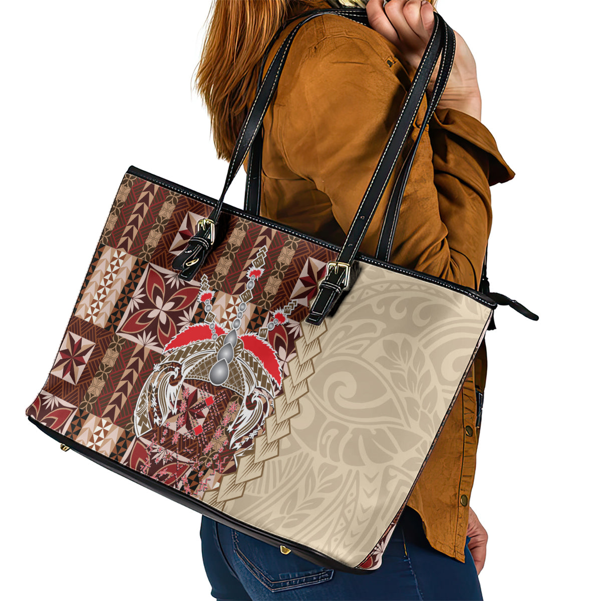 Samoa Tapau Leather Tote Bag Samoan Siapo Pattern - Wonder Print Shop