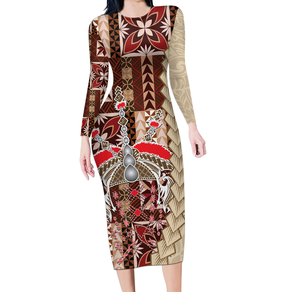 Samoa Tapau Long Sleeve Bodycon Dress Samoan Siapo Pattern - Wonder Print Shop