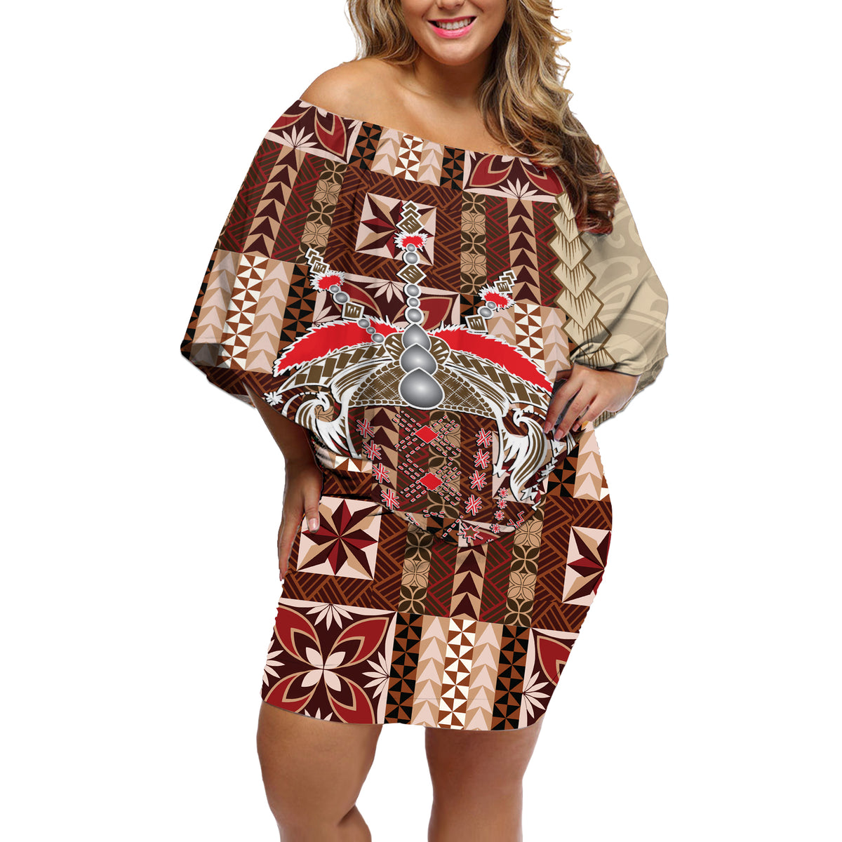 Samoa Tapau Off Shoulder Short Dress Samoan Siapo Pattern - Wonder Print Shop