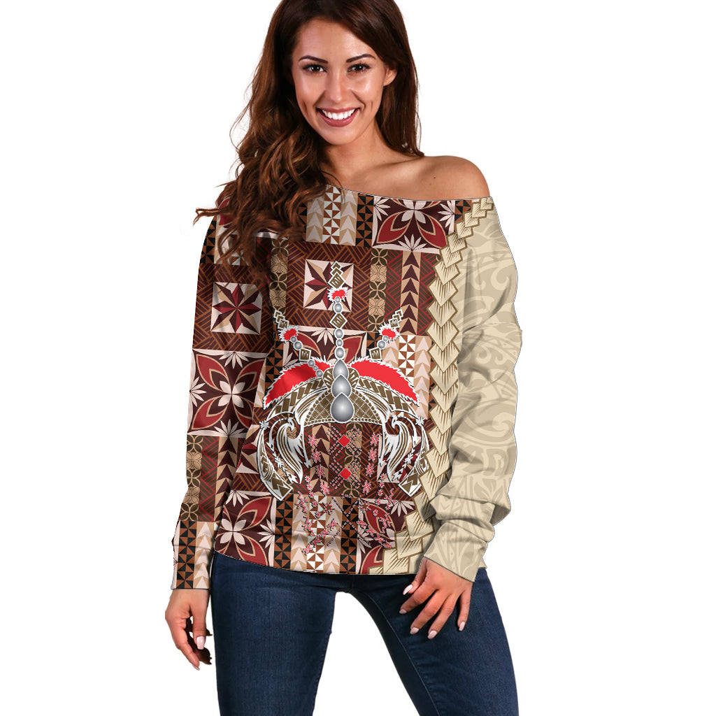 Samoa Tapau Off Shoulder Sweater Samoan Siapo Pattern - Wonder Print Shop