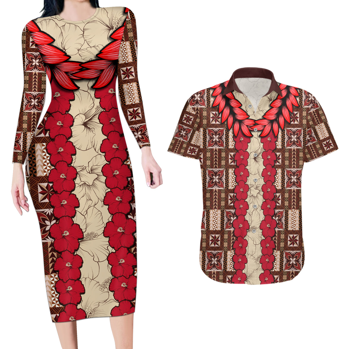 Samoa Siapo Couples Matching Long Sleeve Bodycon Dress and Hawaiian Shirt Tapa Pattern Mix Ula Fala Hibiscus - Wonder Print Shop