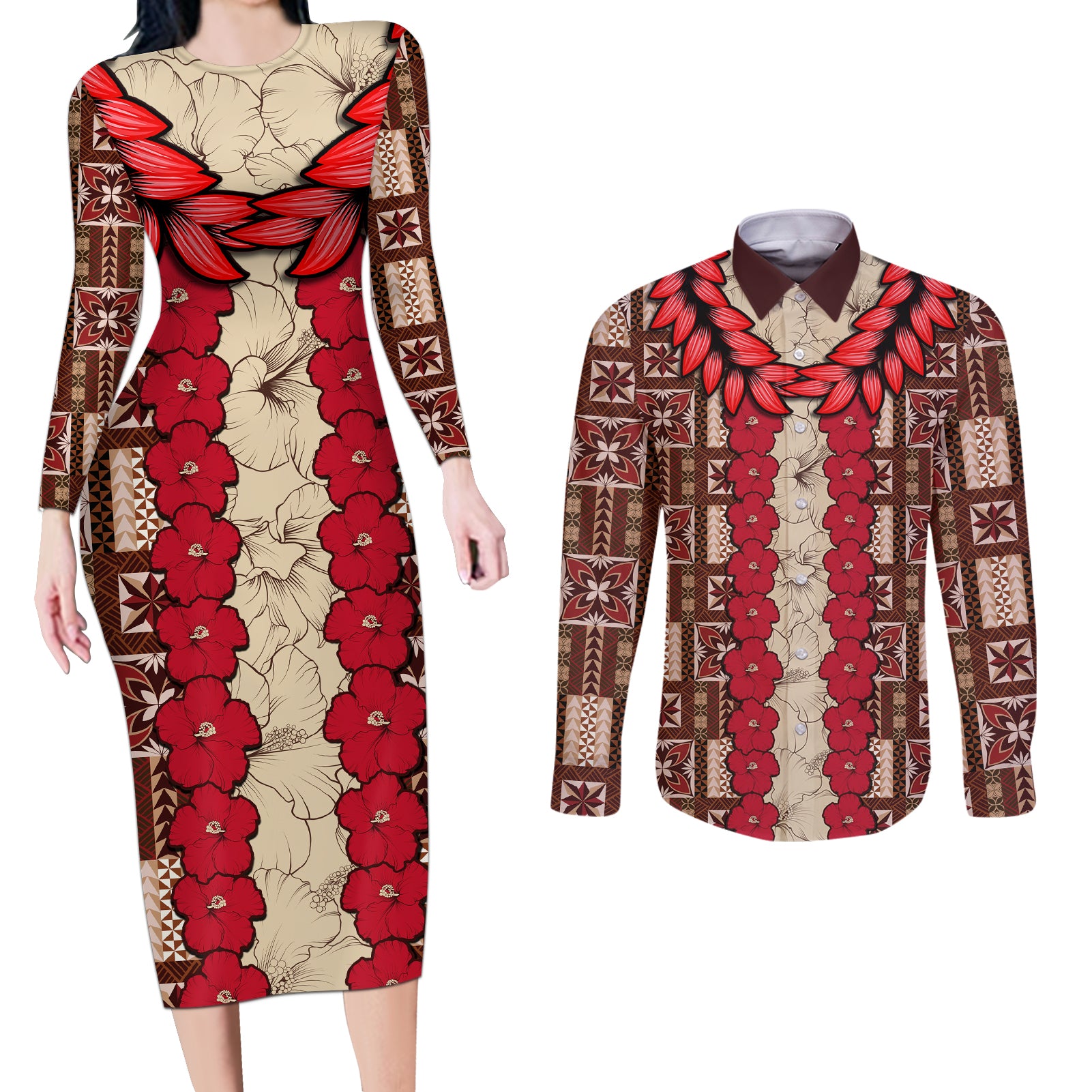 Samoa Siapo Couples Matching Long Sleeve Bodycon Dress and Long Sleeve Button Shirt Tapa Pattern Mix Ula Fala Hibiscus - Wonder Print Shop