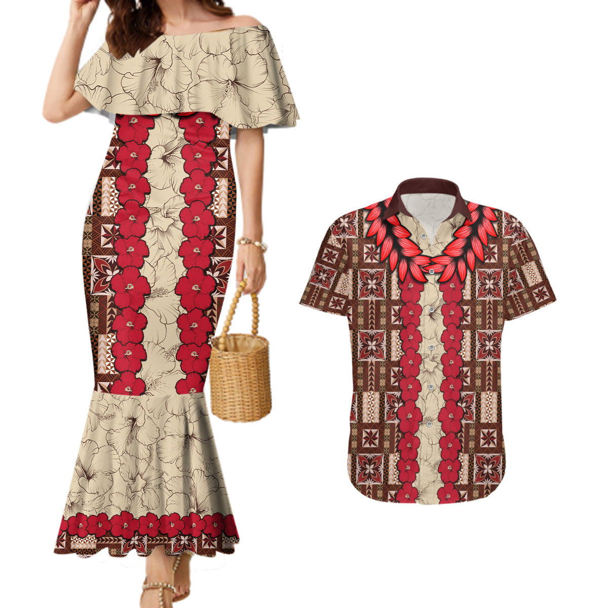 Samoa Siapo Couples Matching Mermaid Dress and Hawaiian Shirt Tapa Pattern Mix Ula Fala Hibiscus - Wonder Print Shop