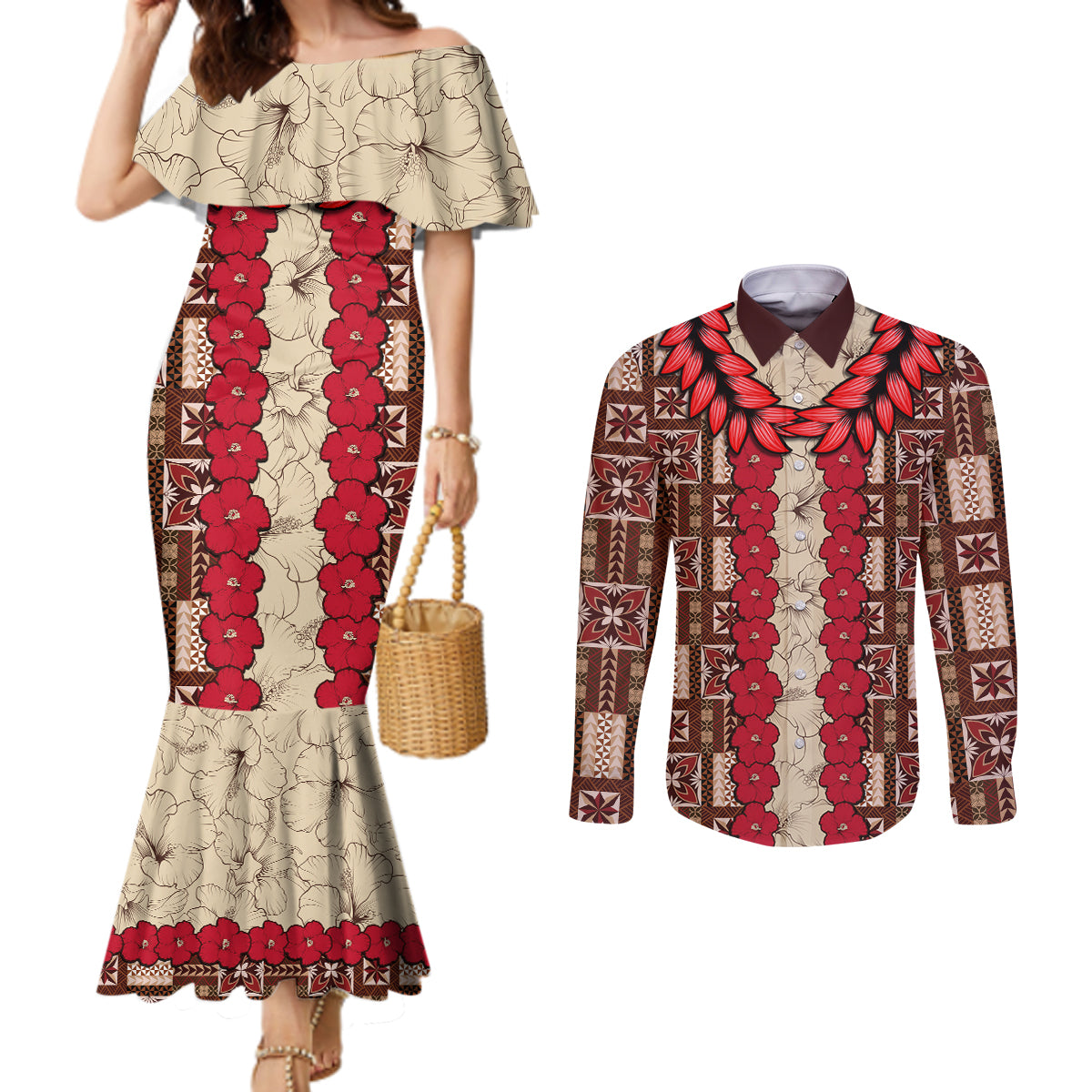 samoa-siapo-couples-matching-mermaid-dress-and-long-sleeve-button-shirt-tapa-pattern-mix-ula-fala-hibiscus