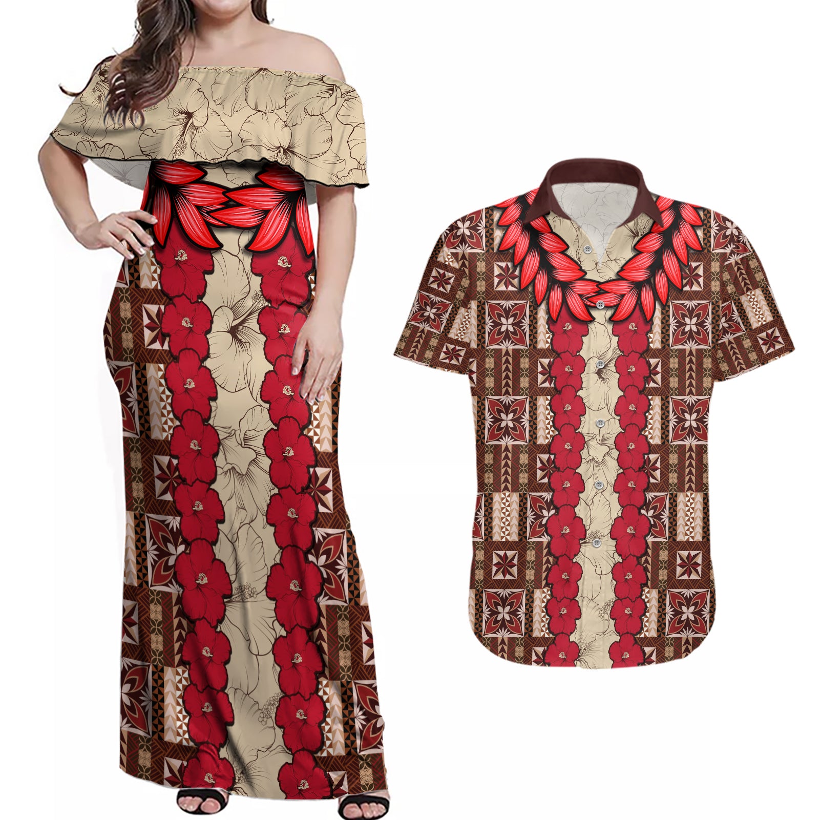 Samoa Siapo Couples Matching Off Shoulder Maxi Dress and Hawaiian Shirt Tapa Pattern Mix Ula Fala Hibiscus - Wonder Print Shop
