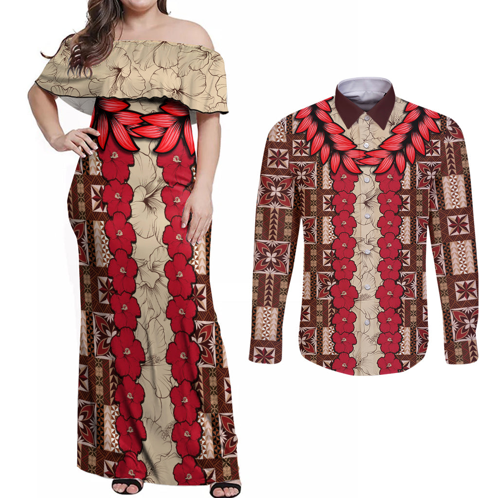 Samoa Siapo Couples Matching Off Shoulder Maxi Dress and Long Sleeve Button Shirt Tapa Pattern Mix Ula Fala Hibiscus - Wonder Print Shop