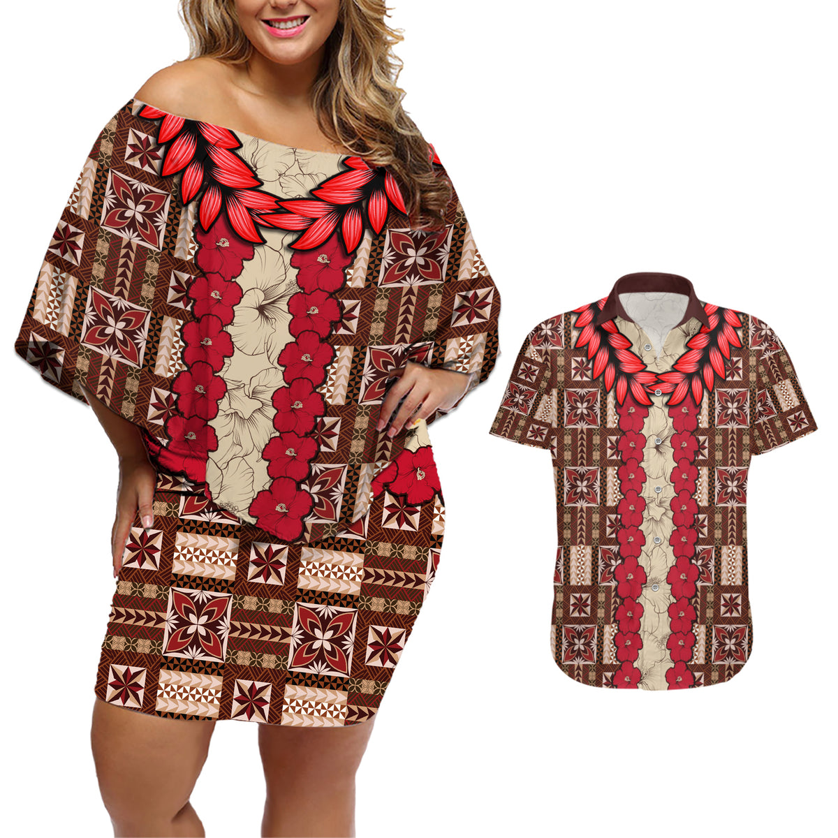 Samoa Siapo Couples Matching Off Shoulder Short Dress and Hawaiian Shirt Tapa Pattern Mix Ula Fala Hibiscus - Wonder Print Shop
