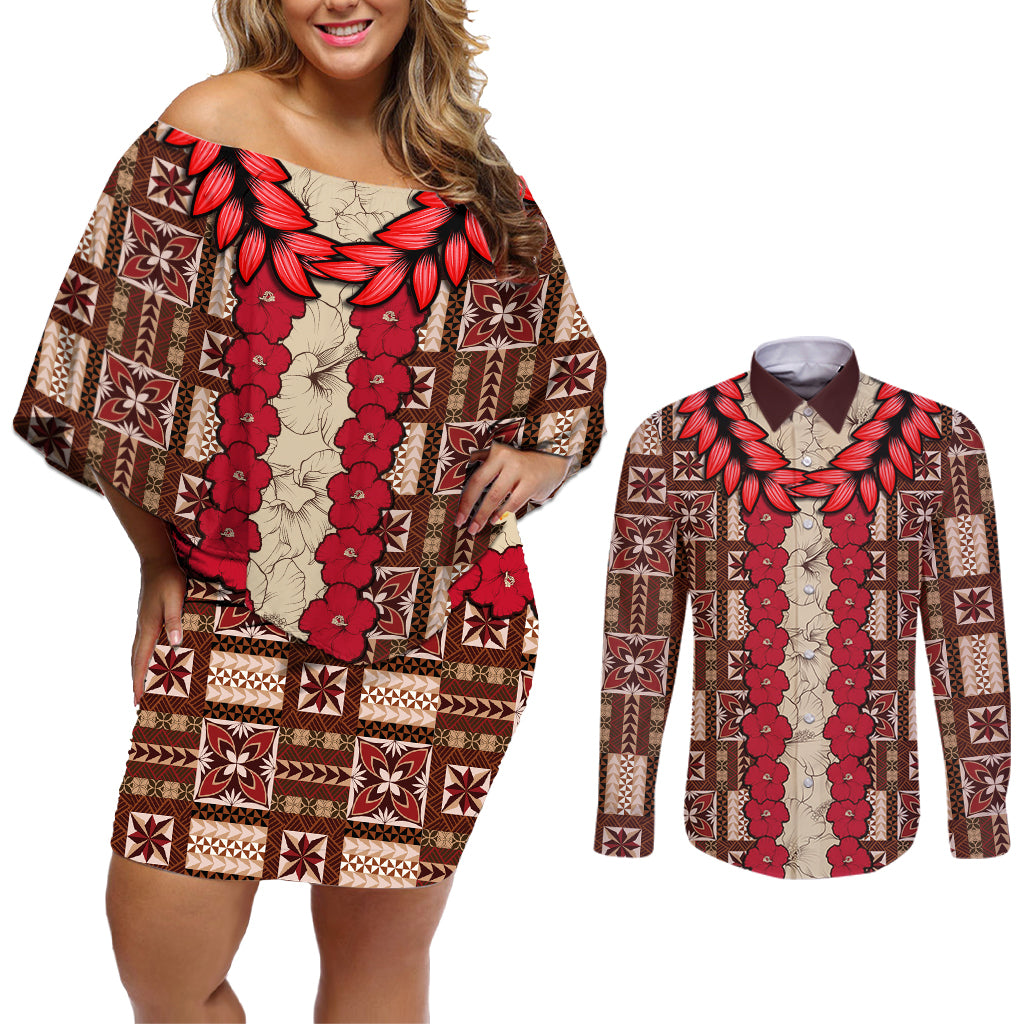 Samoa Siapo Couples Matching Off Shoulder Short Dress and Long Sleeve Button Shirt Tapa Pattern Mix Ula Fala Hibiscus - Wonder Print Shop