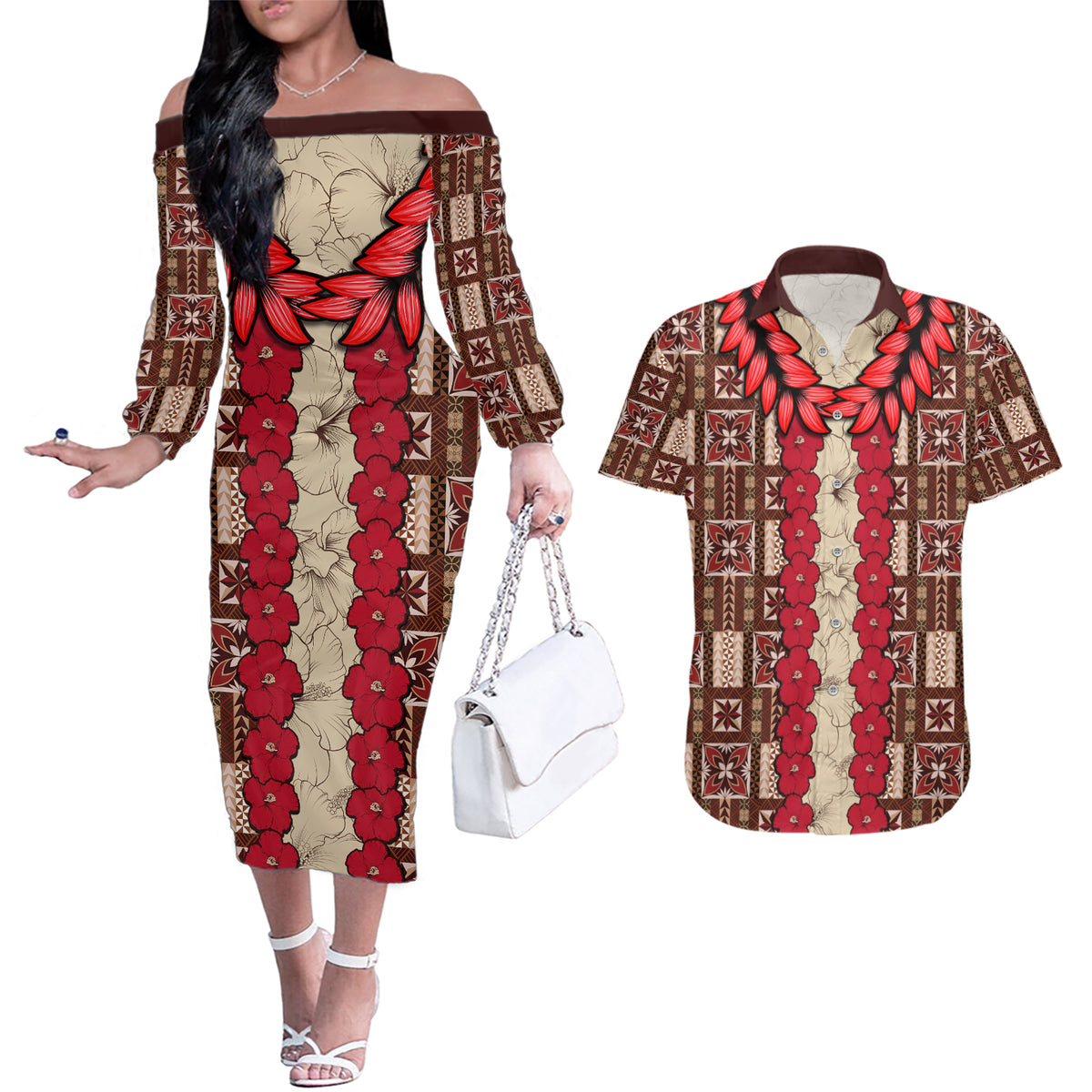 Samoa Siapo Couples Matching Off The Shoulder Long Sleeve Dress and Hawaiian Shirt Tapa Pattern Mix Ula Fala Hibiscus - Wonder Print Shop