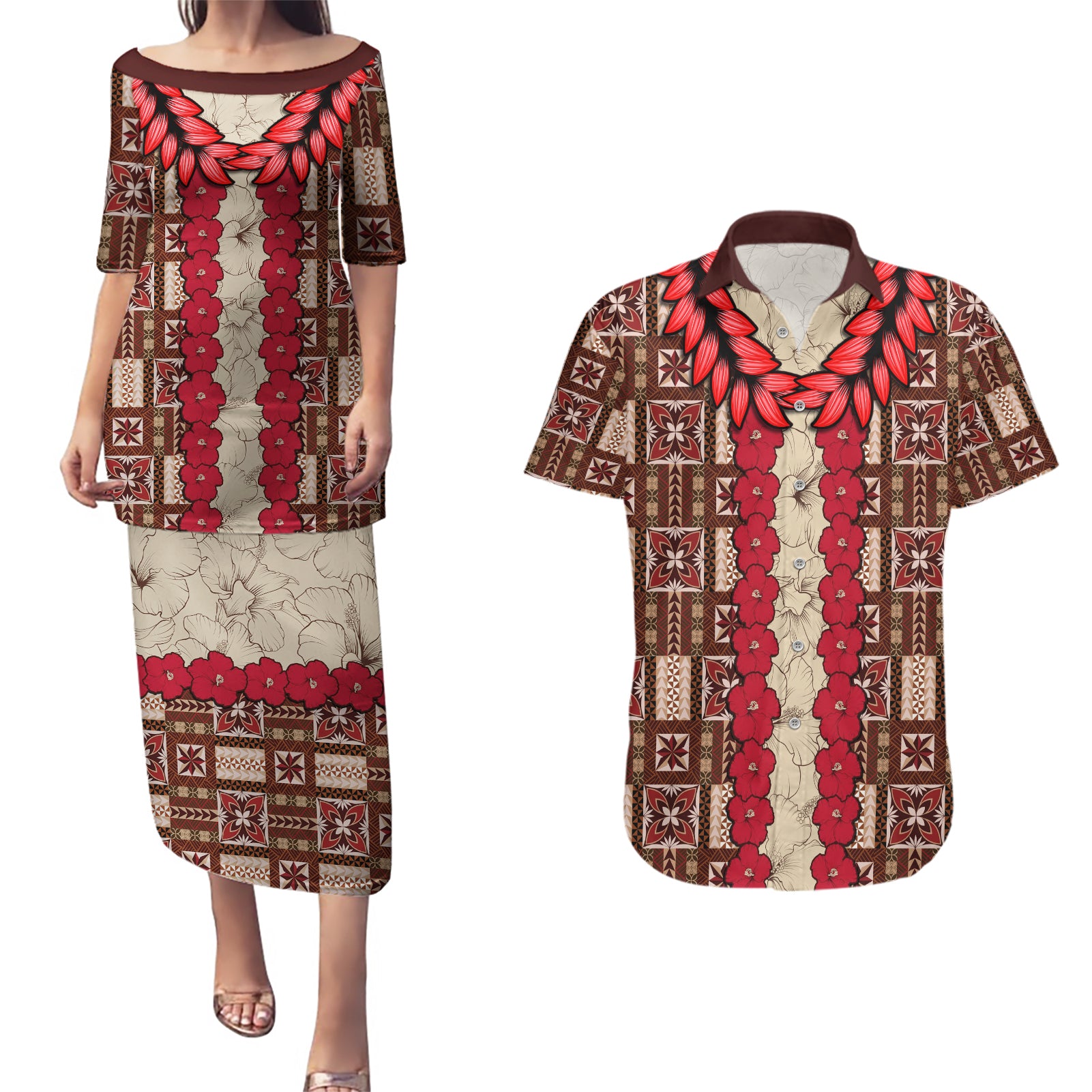 Samoa Siapo Couples Matching Puletasi Dress and Hawaiian Shirt Tapa Pattern Mix Ula Fala Hibiscus - Wonder Print Shop