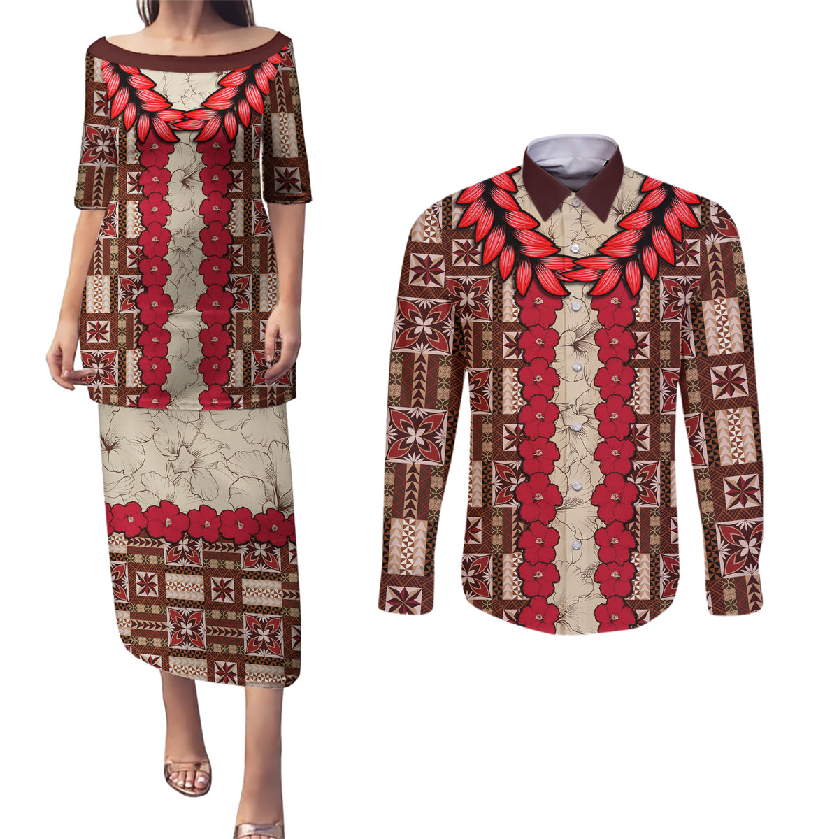 Samoa Siapo Couples Matching Puletasi Dress and Long Sleeve Button Shirt Tapa Pattern Mix Ula Fala Hibiscus - Wonder Print Shop