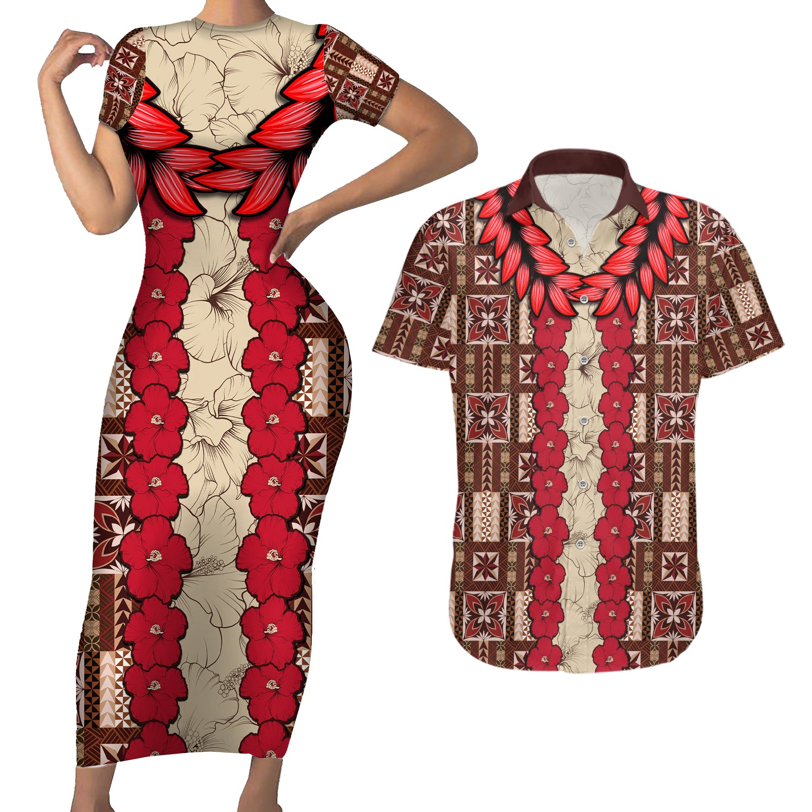 Samoa Siapo Couples Matching Short Sleeve Bodycon Dress and Hawaiian Shirt Tapa Pattern Mix Ula Fala Hibiscus - Wonder Print Shop