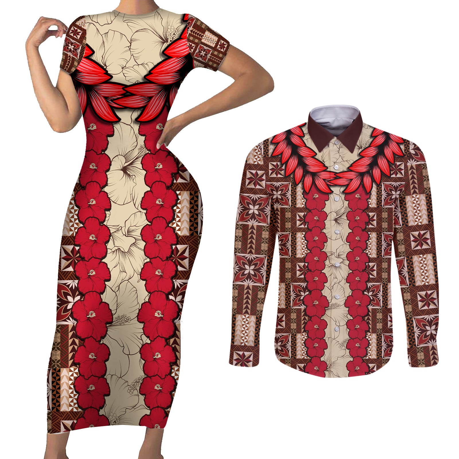 Samoa Siapo Couples Matching Short Sleeve Bodycon Dress and Long Sleeve Button Shirt Tapa Pattern Mix Ula Fala Hibiscus - Wonder Print Shop