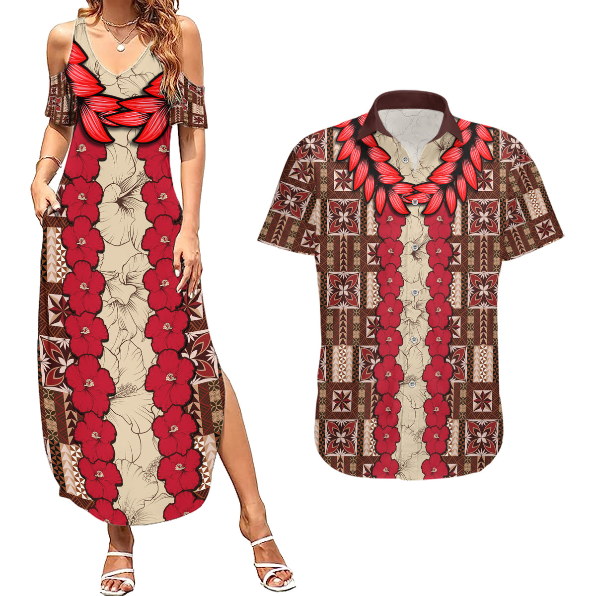 Samoa Siapo Couples Matching Summer Maxi Dress and Hawaiian Shirt Tapa Pattern Mix Ula Fala Hibiscus - Wonder Print Shop
