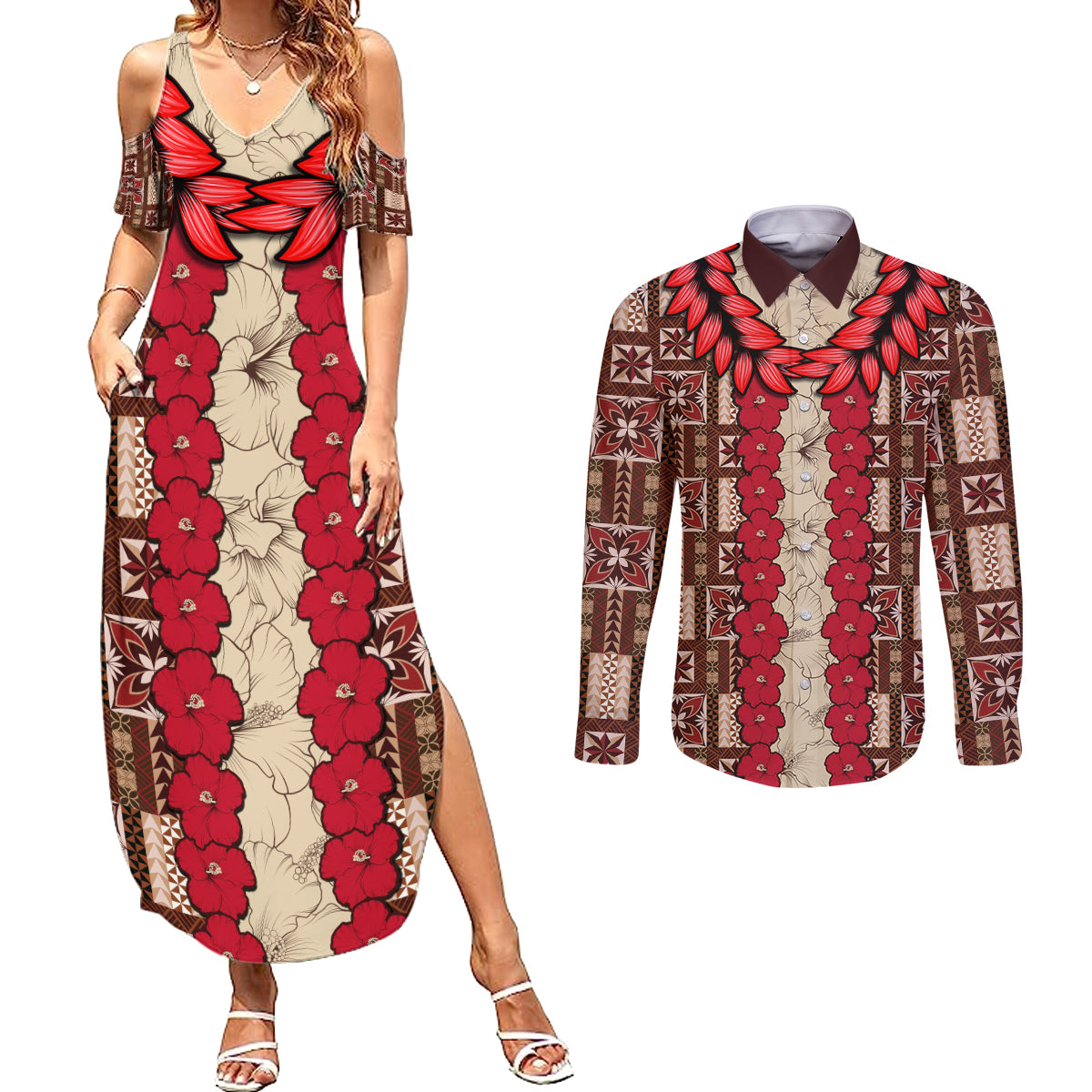 Samoa Siapo Couples Matching Summer Maxi Dress and Long Sleeve Button Shirt Tapa Pattern Mix Ula Fala Hibiscus - Wonder Print Shop