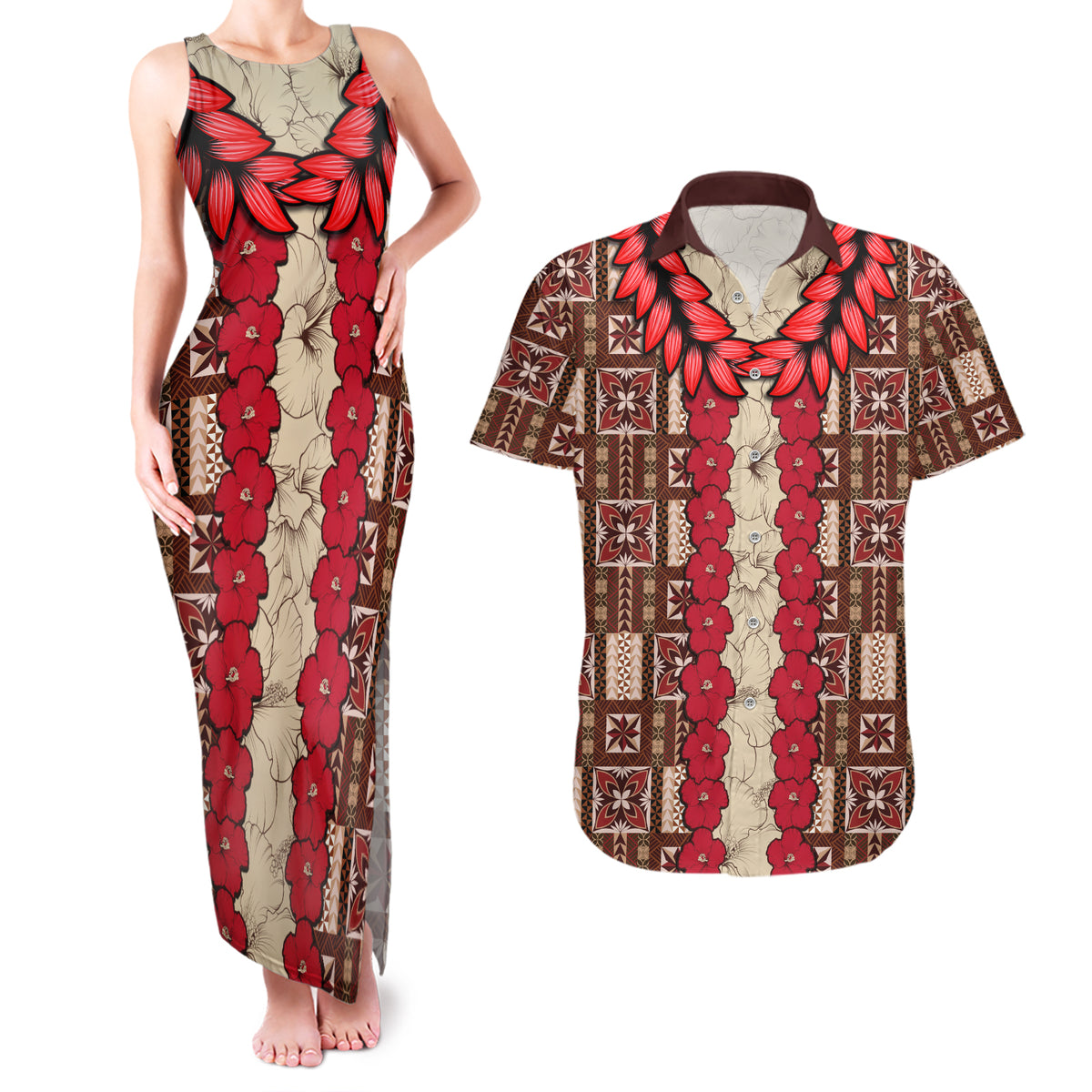 Samoa Siapo Couples Matching Tank Maxi Dress and Hawaiian Shirt Tapa Pattern Mix Ula Fala Hibiscus - Wonder Print Shop