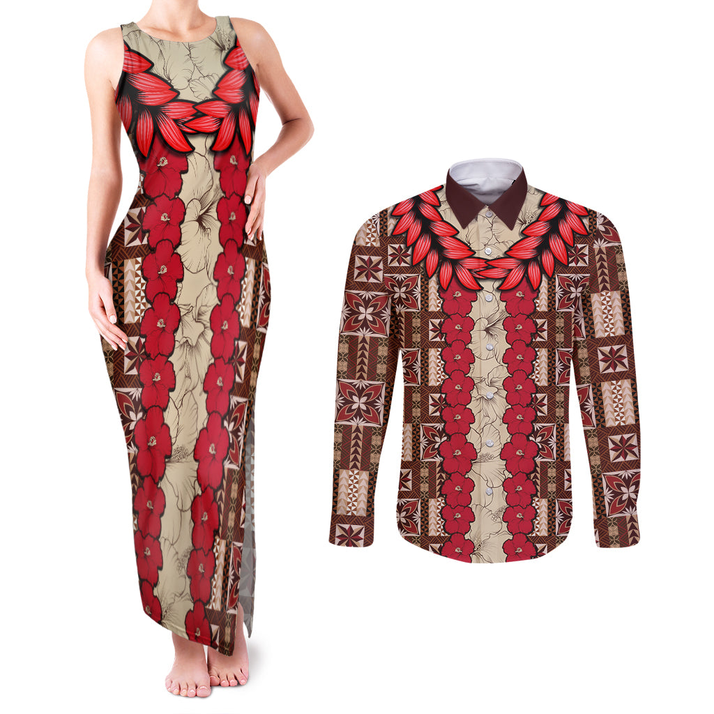 Samoa Siapo Couples Matching Tank Maxi Dress and Long Sleeve Button Shirt Tapa Pattern Mix Ula Fala Hibiscus - Wonder Print Shop