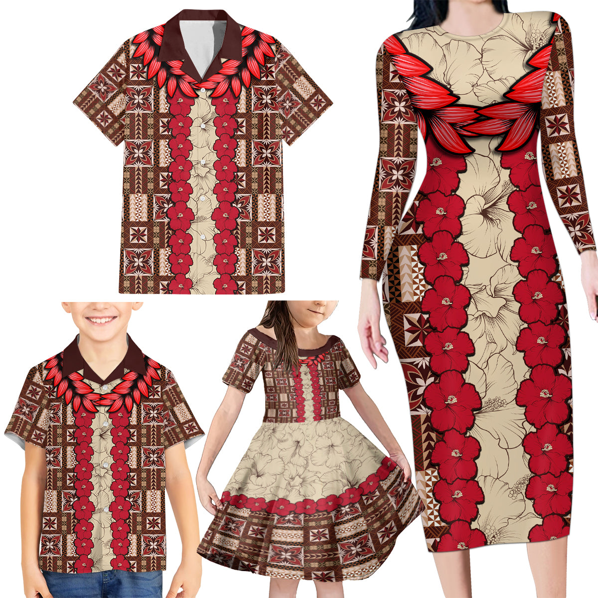 Samoa Siapo Family Matching Long Sleeve Bodycon Dress and Hawaiian Shirt Tapa Pattern Mix Ula Fala Hibiscus - Wonder Print Shop