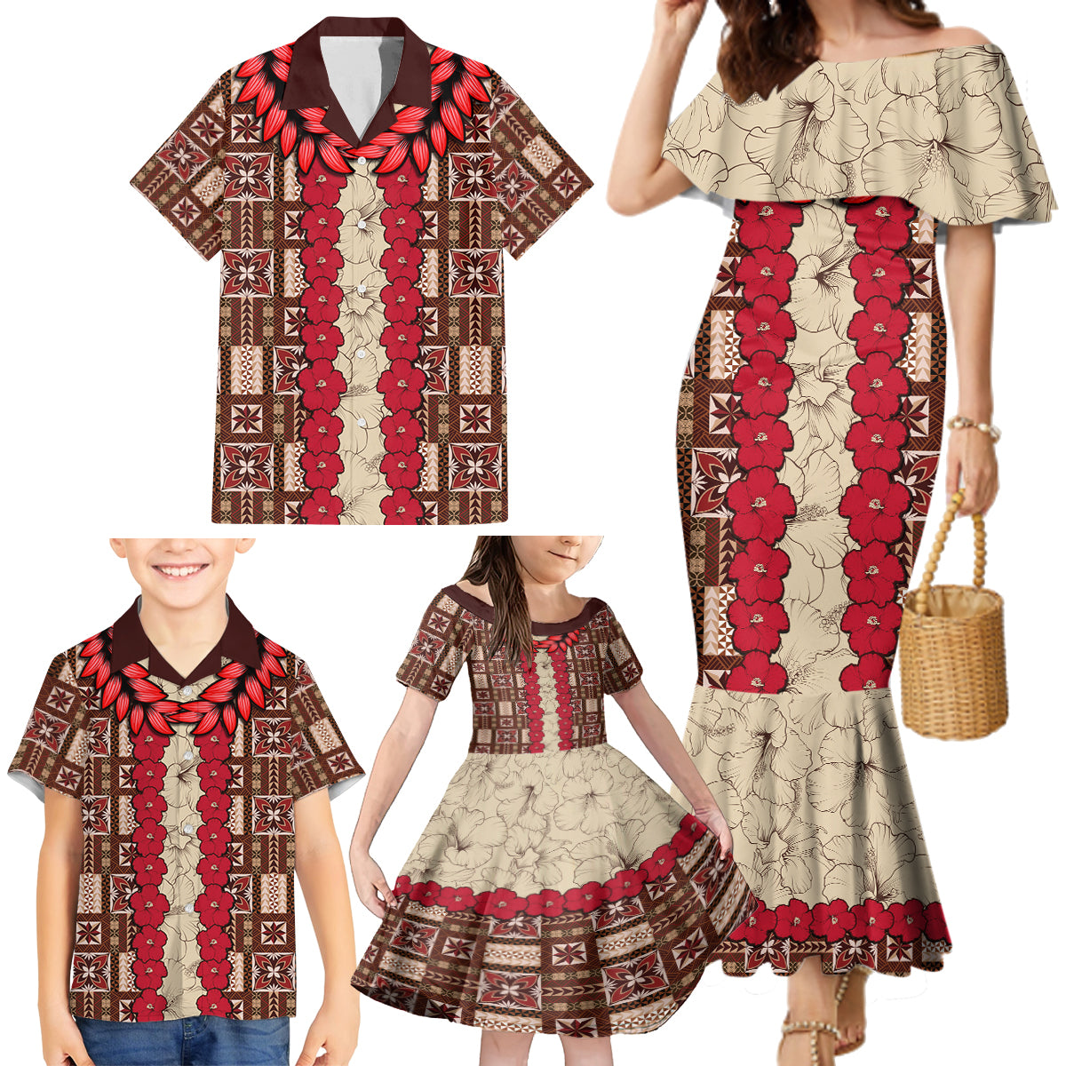 Samoa Siapo Family Matching Mermaid Dress and Hawaiian Shirt Tapa Pattern Mix Ula Fala Hibiscus - Wonder Print Shop