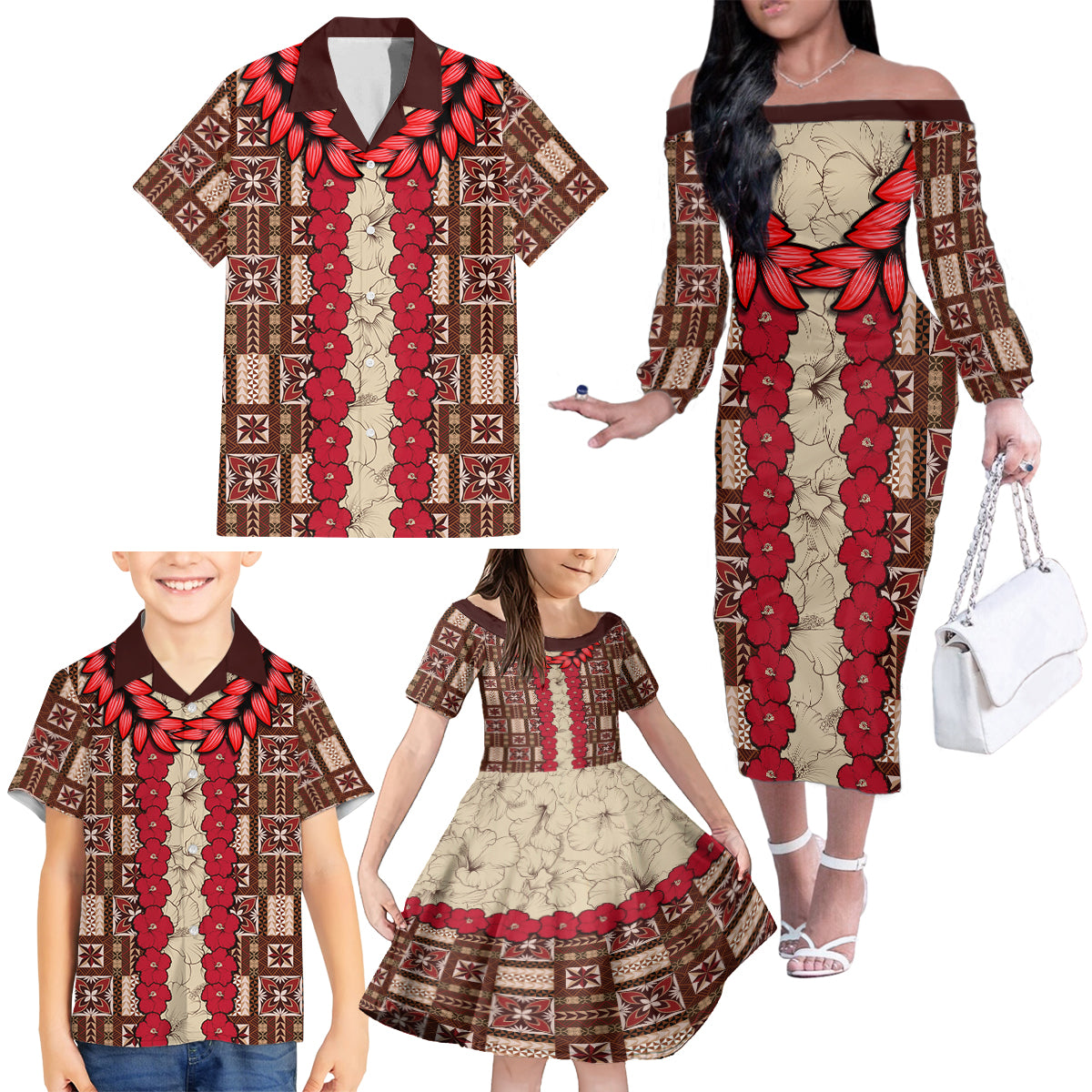 Samoa Siapo Family Matching Off Shoulder Long Sleeve Dress and Hawaiian Shirt Tapa Pattern Mix Ula Fala Hibiscus - Wonder Print Shop