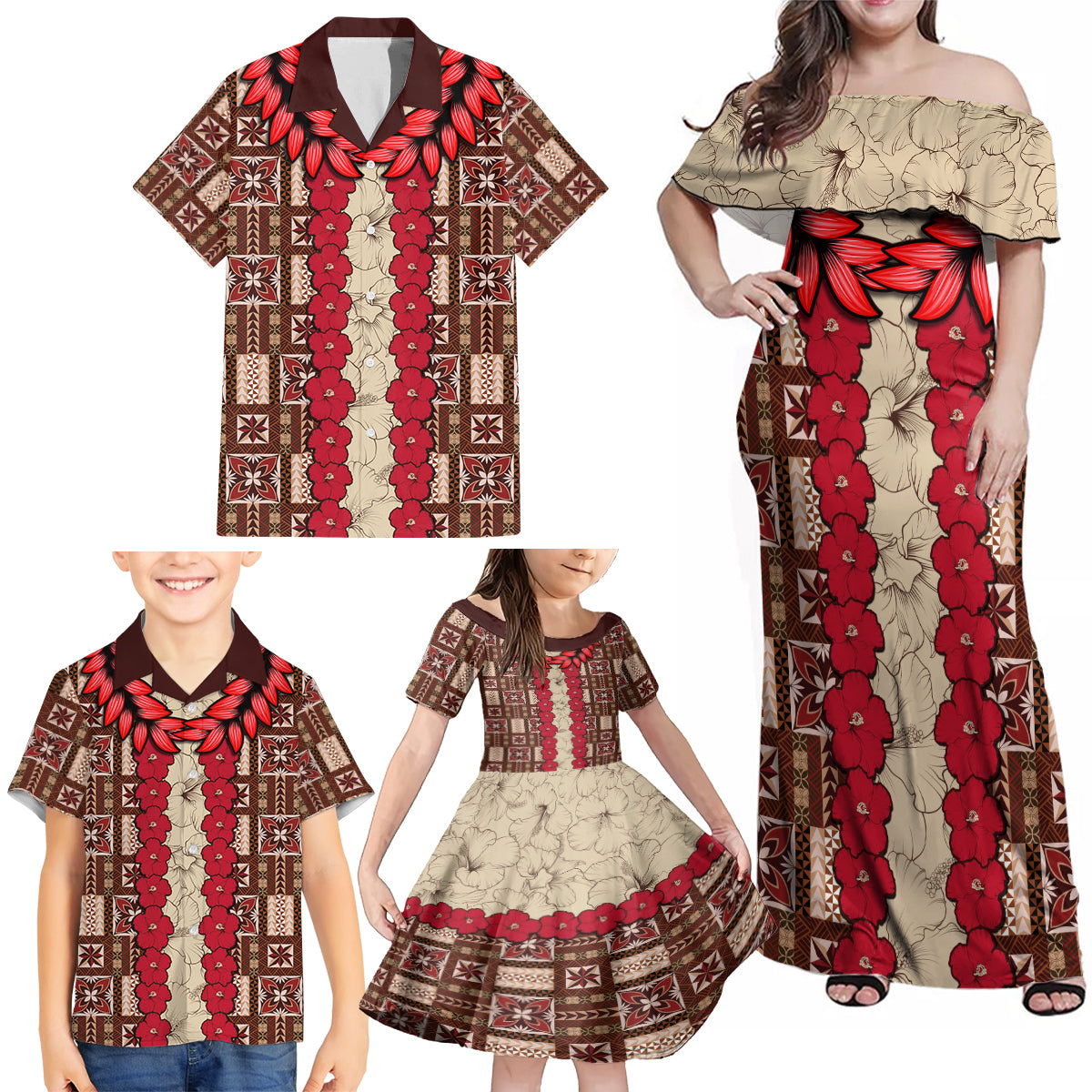Samoa Siapo Family Matching Off Shoulder Maxi Dress and Hawaiian Shirt Tapa Pattern Mix Ula Fala Hibiscus - Wonder Print Shop