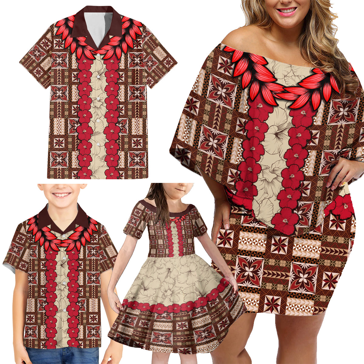 Samoa Siapo Family Matching Off Shoulder Short Dress and Hawaiian Shirt Tapa Pattern Mix Ula Fala Hibiscus - Wonder Print Shop