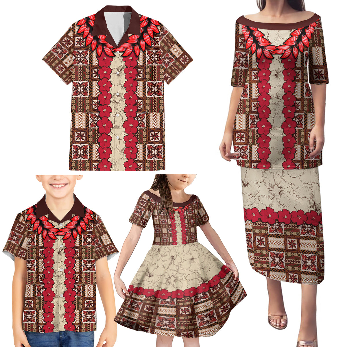 Samoa Siapo Family Matching Puletasi Dress and Hawaiian Shirt Tapa Pattern Mix Ula Fala Hibiscus - Wonder Print Shop