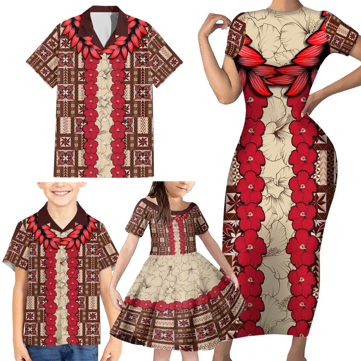 Samoa Siapo Family Matching Short Sleeve Bodycon Dress and Hawaiian Shirt Tapa Pattern Mix Ula Fala Hibiscus - Wonder Print Shop