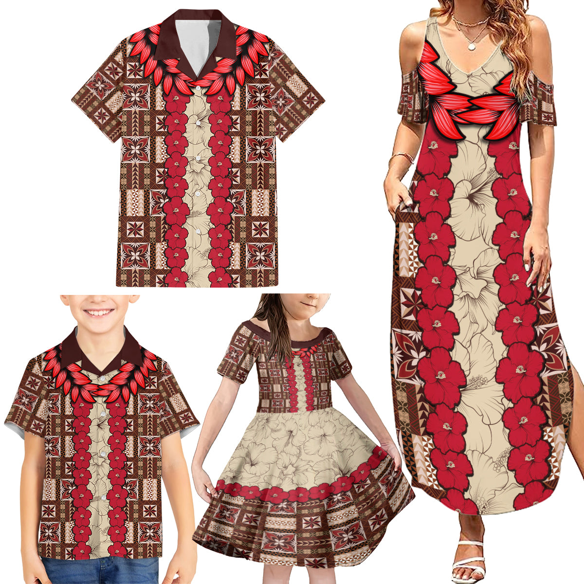 Samoa Siapo Family Matching Summer Maxi Dress and Hawaiian Shirt Tapa Pattern Mix Ula Fala Hibiscus - Wonder Print Shop