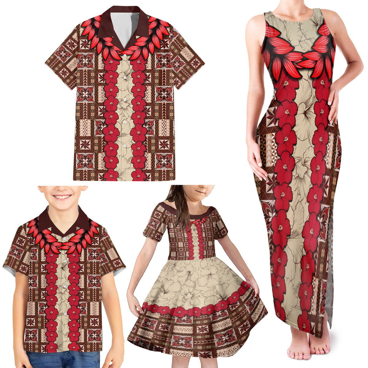 Samoa Siapo Family Matching Tank Maxi Dress and Hawaiian Shirt Tapa Pattern Mix Ula Fala Hibiscus - Wonder Print Shop