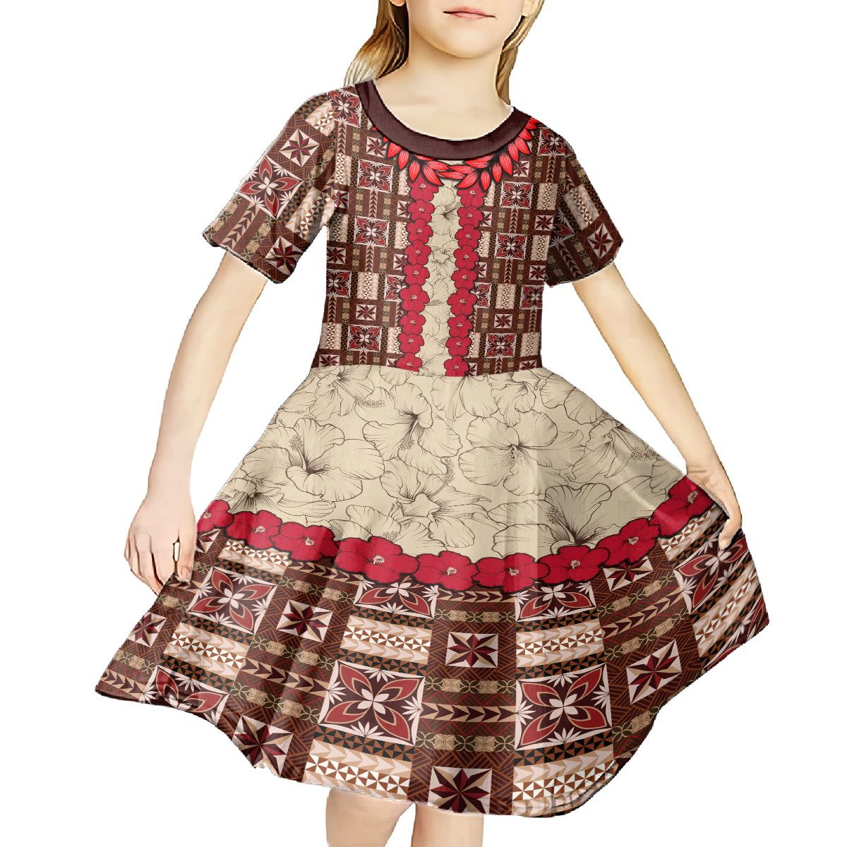 Samoa Siapo Kid Short Sleeve Dress Tapa Pattern Mix Ula Fala Hibiscus - Wonder Print Shop