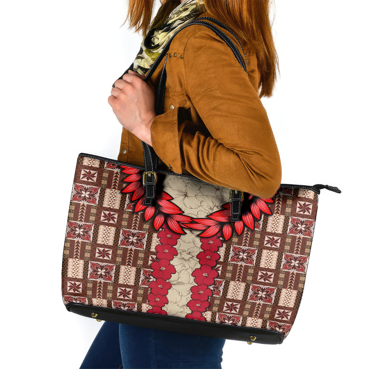 Samoa Siapo Leather Tote Bag Tapa Pattern Mix Ula Fala Hibiscus - Wonder Print Shop