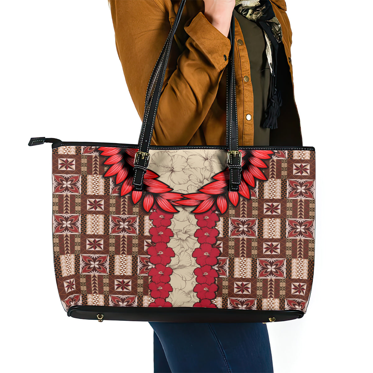 Samoa Siapo Leather Tote Bag Tapa Pattern Mix Ula Fala Hibiscus - Wonder Print Shop