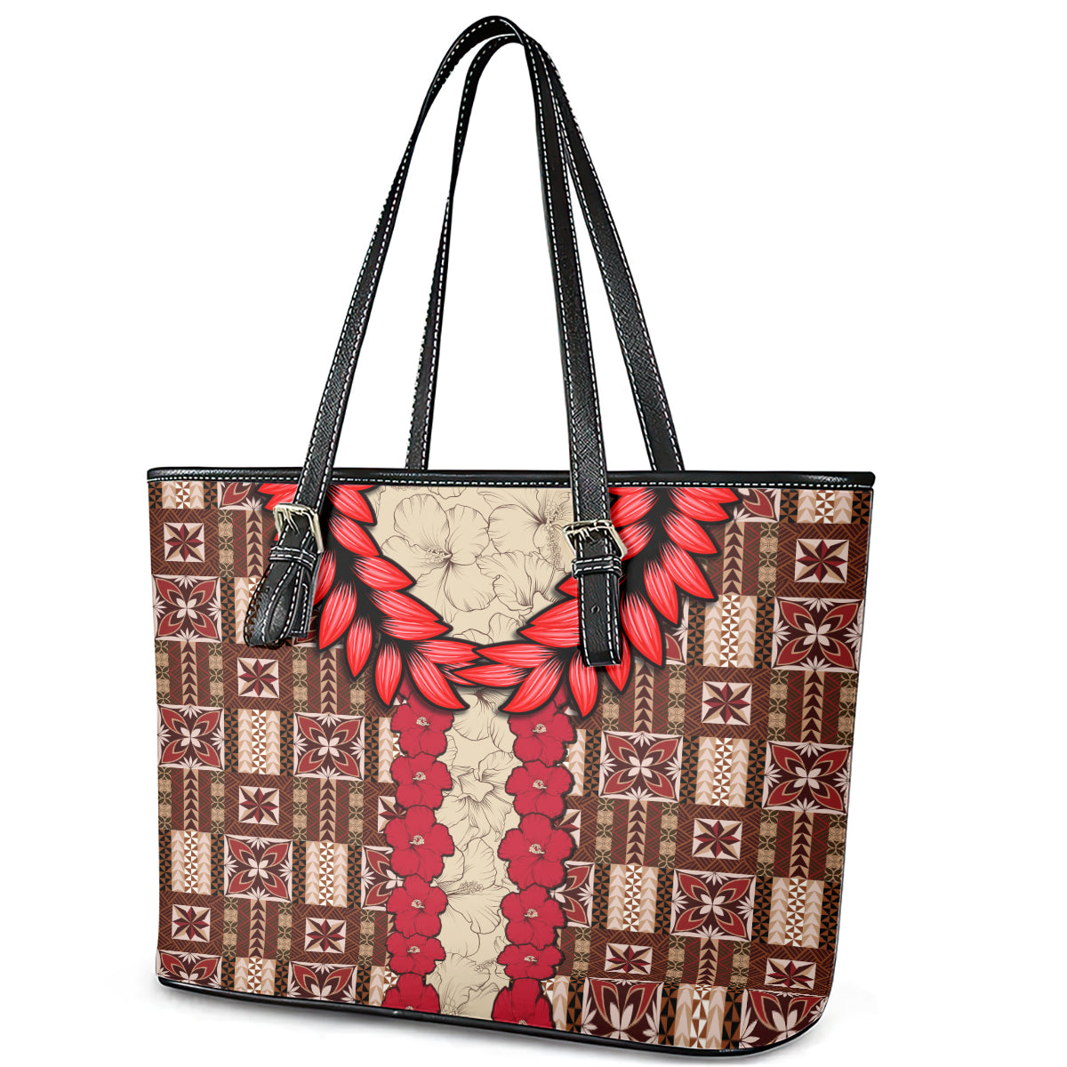 Samoa Siapo Leather Tote Bag Tapa Pattern Mix Ula Fala Hibiscus - Wonder Print Shop