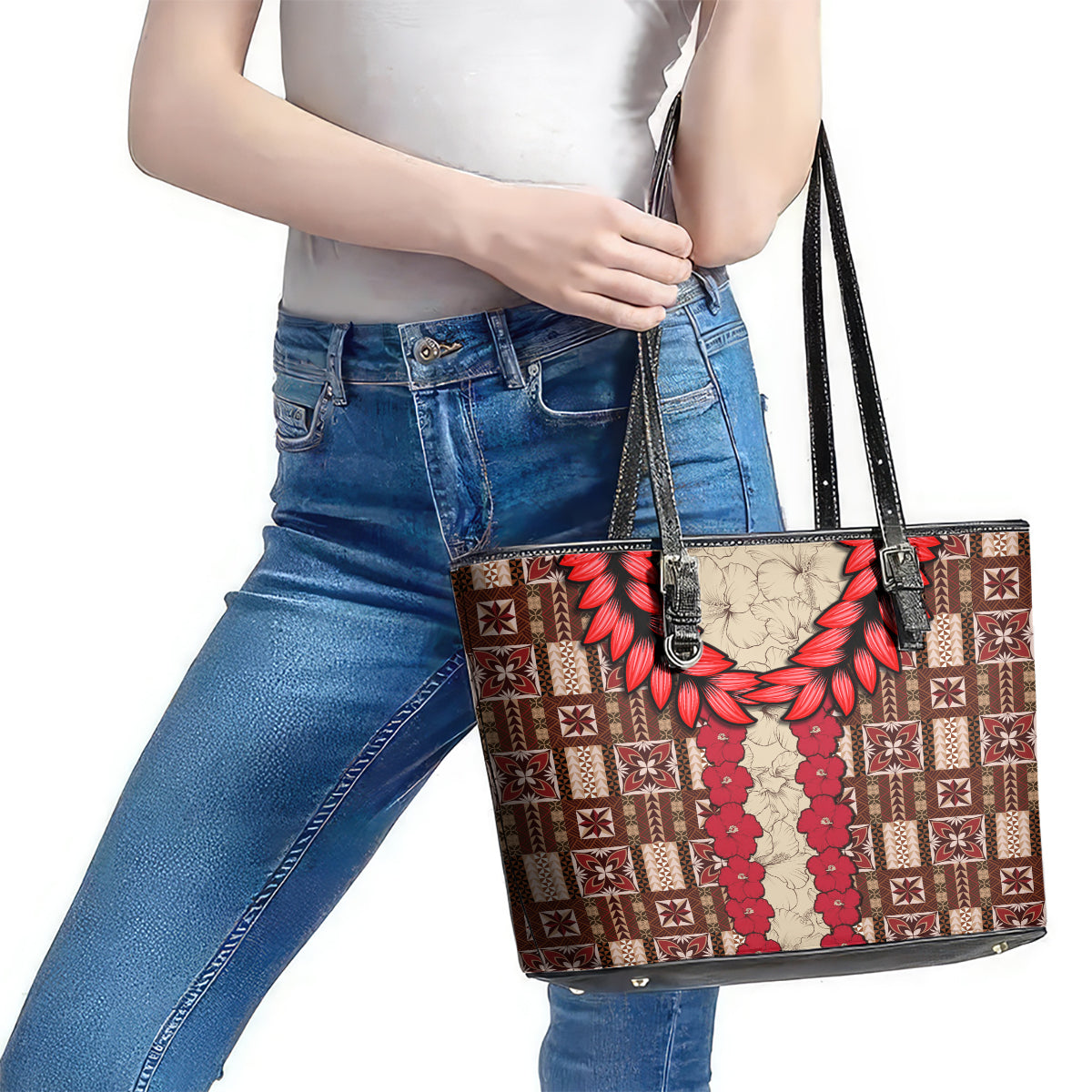 Samoa Siapo Leather Tote Bag Tapa Pattern Mix Ula Fala Hibiscus - Wonder Print Shop