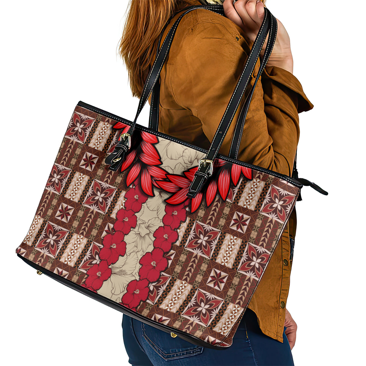 Samoa Siapo Leather Tote Bag Tapa Pattern Mix Ula Fala Hibiscus - Wonder Print Shop