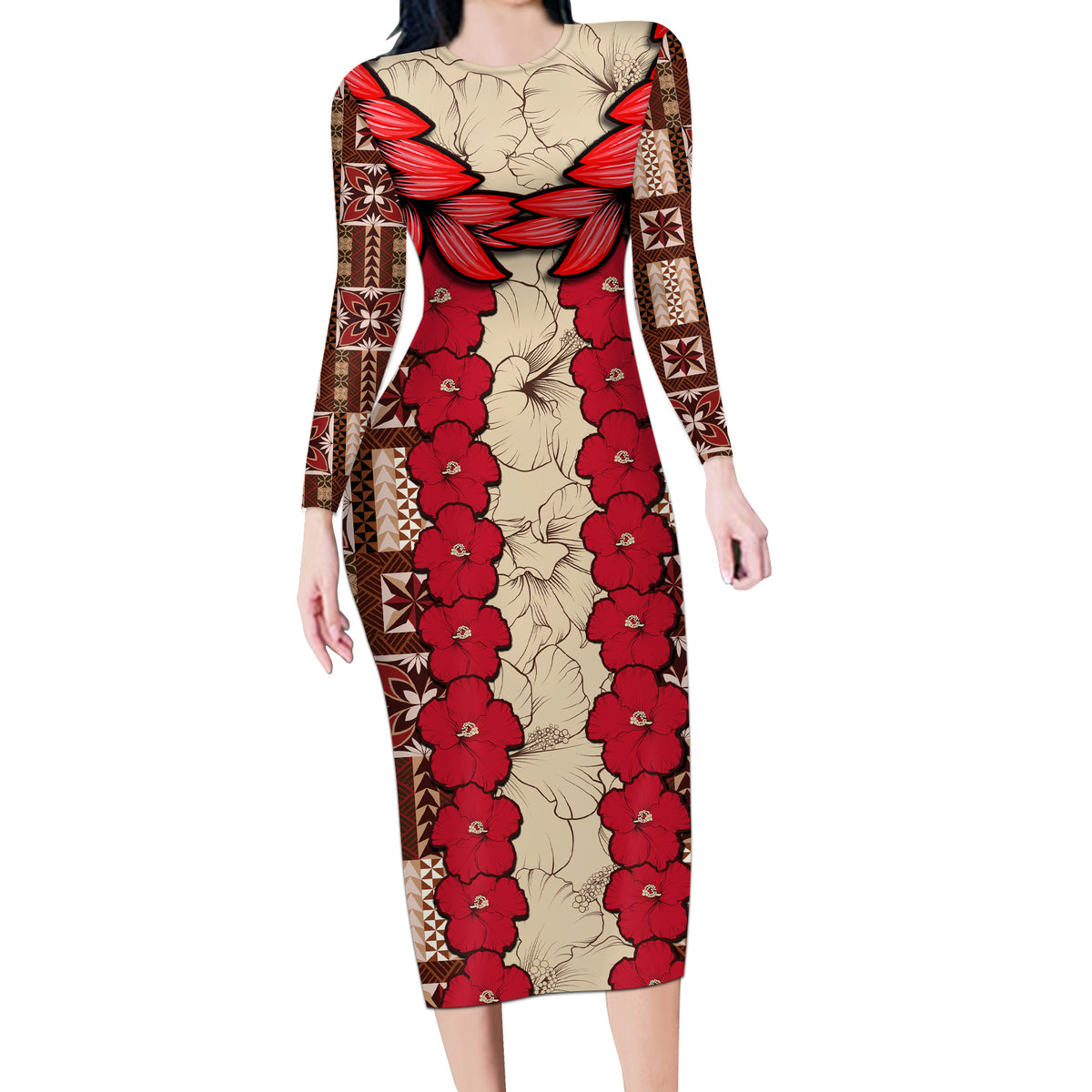 Samoa Siapo Long Sleeve Bodycon Dress Tapa Pattern Mix Ula Fala Hibiscus - Wonder Print Shop
