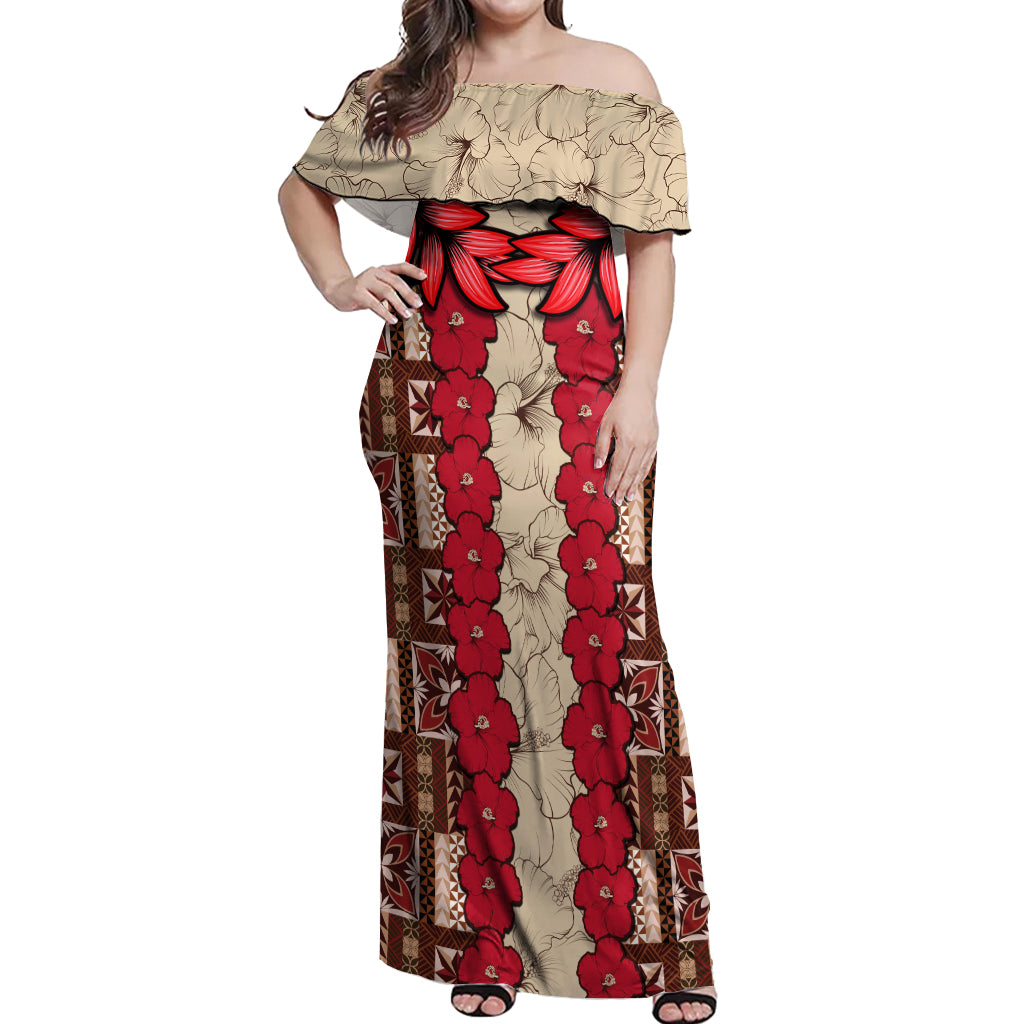 Samoa Siapo Off Shoulder Maxi Dress Tapa Pattern Mix Ula Fala Hibiscus - Wonder Print Shop