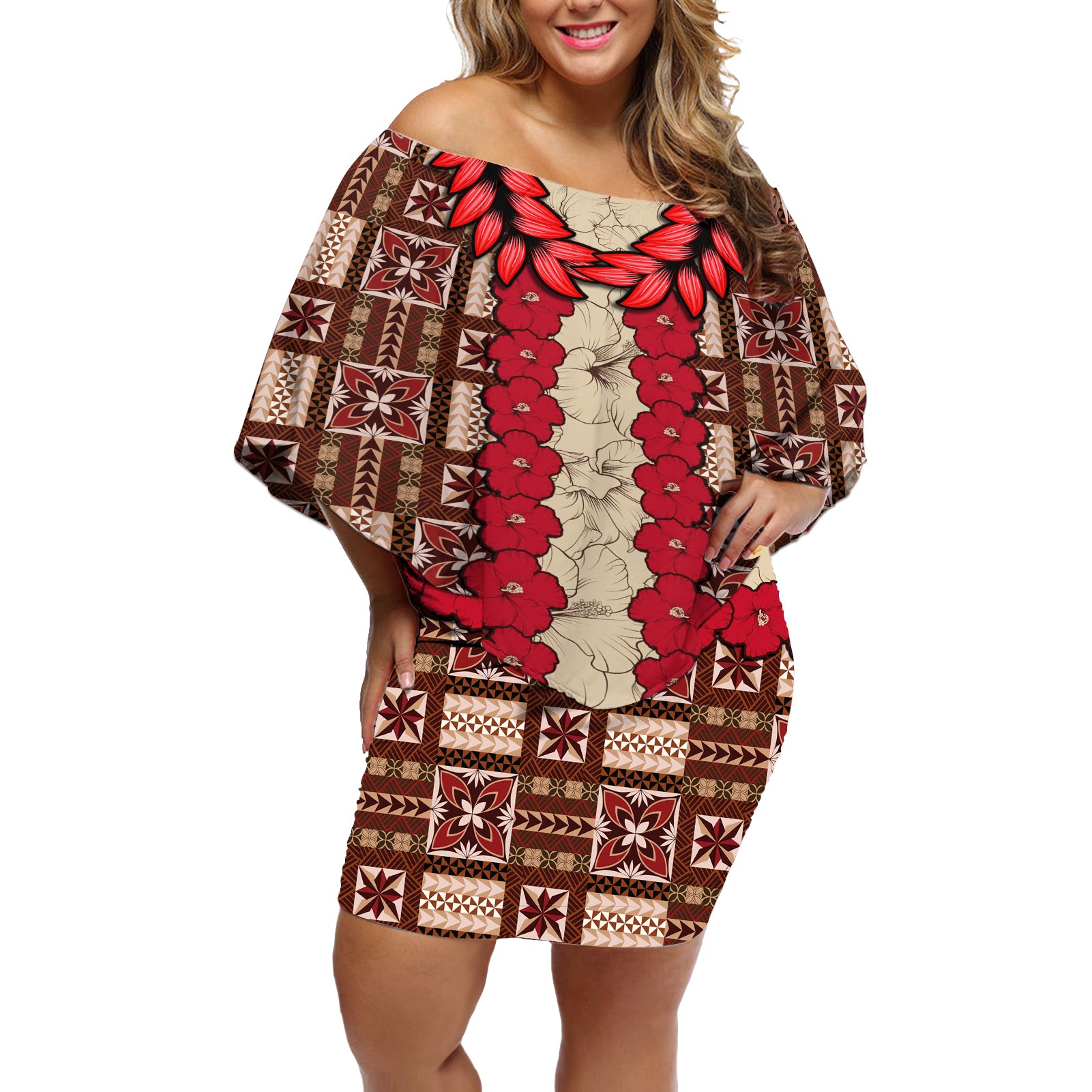 Samoa Siapo Off Shoulder Short Dress Tapa Pattern Mix Ula Fala Hibiscus - Wonder Print Shop