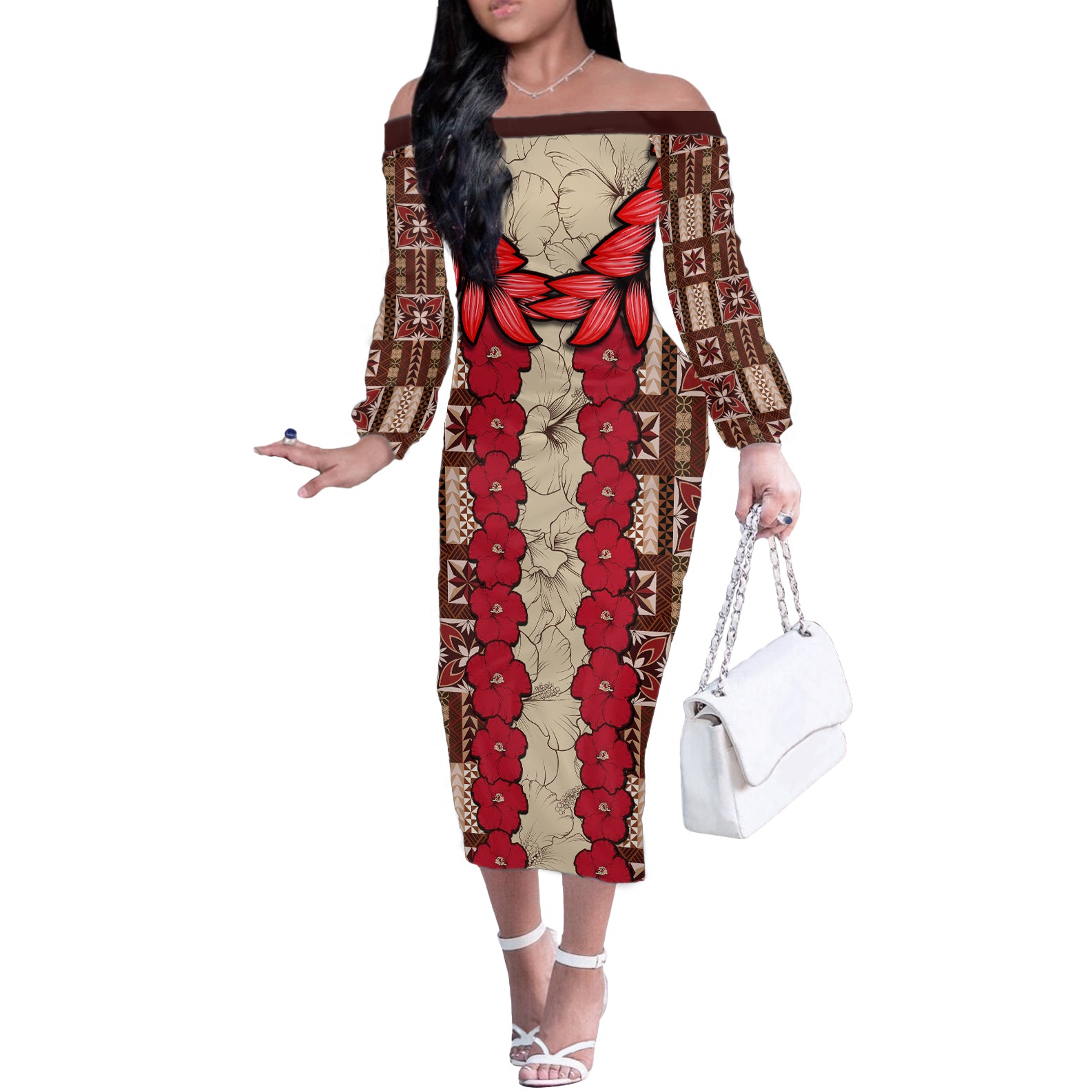 Samoa Siapo Off The Shoulder Long Sleeve Dress Tapa Pattern Mix Ula Fala Hibiscus - Wonder Print Shop