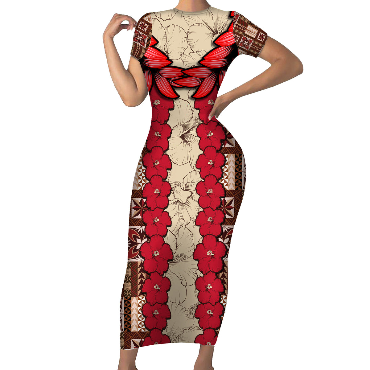 Samoa Siapo Short Sleeve Bodycon Dress Tapa Pattern Mix Ula Fala Hibiscus - Wonder Print Shop