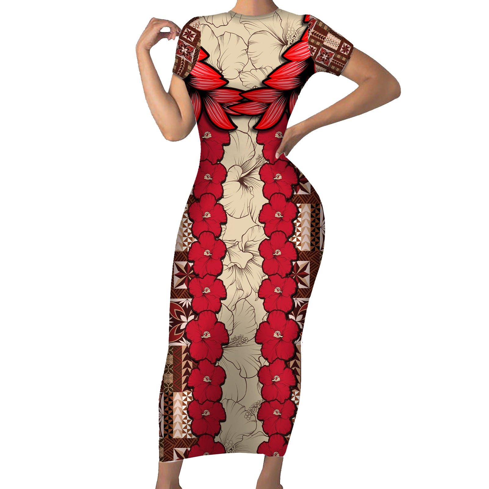 Samoa Siapo Short Sleeve Bodycon Dress Tapa Pattern Mix Ula Fala Hibiscus - Wonder Print Shop