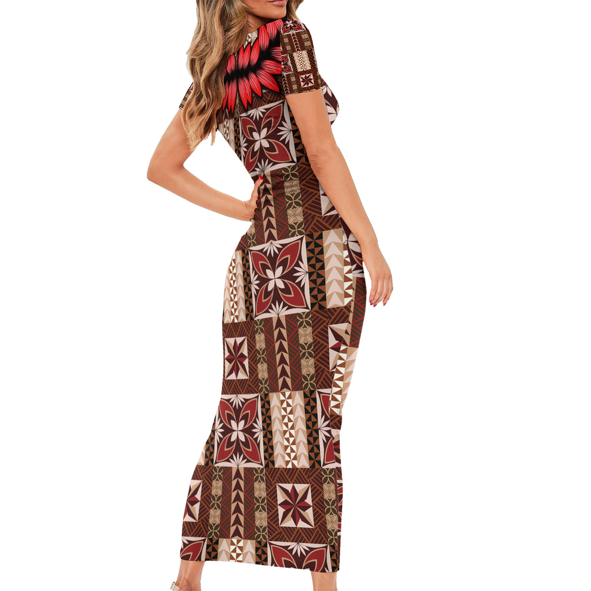 Samoa Siapo Short Sleeve Bodycon Dress Tapa Pattern Mix Ula Fala Hibiscus - Wonder Print Shop
