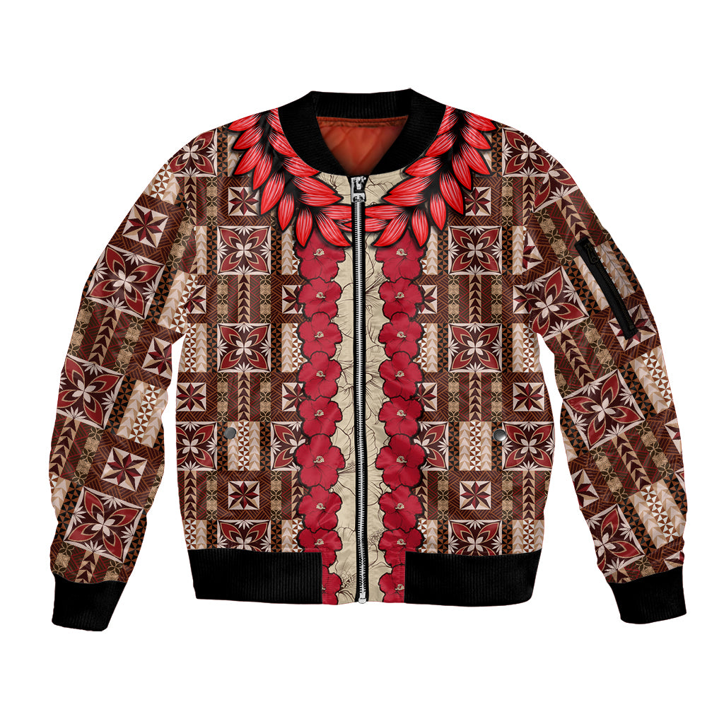 Samoa Siapo Sleeve Zip Bomber Jacket Tapa Pattern Mix Ula Fala Hibiscus - Wonder Print Shop
